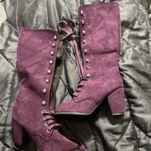 Purple Fabric Lace-Up Knee-High Boots with Chunky Heel‎ Women EU 36 US 5.5